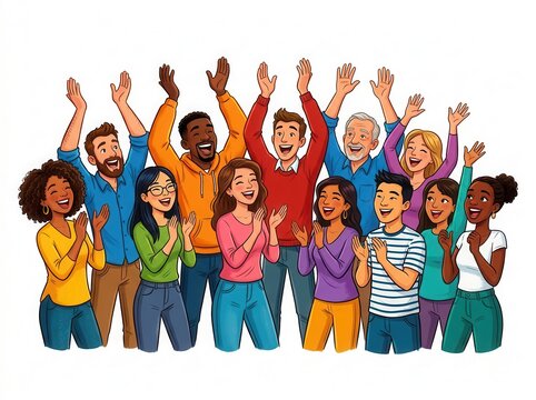 Diverse group of happy people cheering and clapping hands together in a crowd
