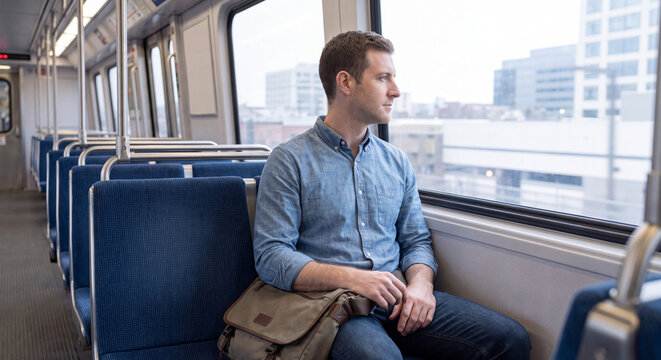 Casual young man sitting alone in a passenger train compartment looking out the window while traveling through the city during daytime