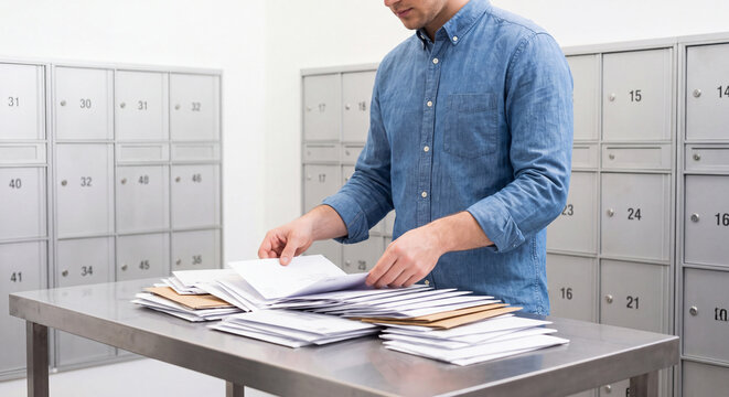 Male employee standing beside a table covered with mail envelopes and letters while sorting correspondence in a locker room setting