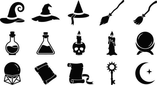 Set of black magic and witch icons with hats brooms potions skull candle and crystal ball isolated on transparent background, Vector