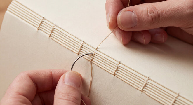 Close up of artisan hands carefully using needle and thread to bind ivory paper pages together for handmade leather notebook binding craft