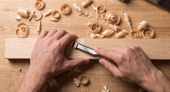 Hands of skilled woodcarver carving decorative relief pattern on wooden board with specialized sharp chisel amid curly wood shavings on bench