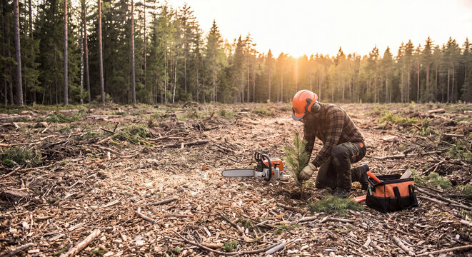 Small green pine seedling newly planted in deforested soil with forestry worker resting in background during reforestation project in woodland.