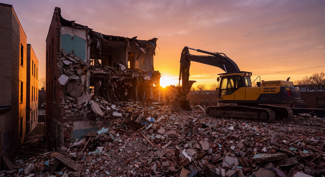 Heavy construction excavator standing silent amid piles of broken bricks and rubble against dramatic orange sunset sky at urban demolition lot.