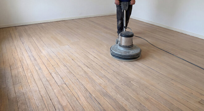 Tradesman operating an electric single disc rotary buffer machine to polish and buff a restored wooden plank floor in a bright spacious interior room