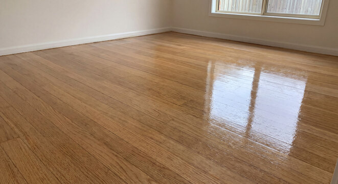 Newly varnished glossy hardwood floor in an empty apartment room reflecting bright sunlight streaming through windows after complete floor restoration