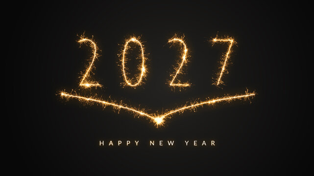 2027 New Year design with glowing golden sparks, an open book and dark background, symbolizing a new chapter and fresh beginnings, for cards, education and events
