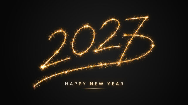 Happy New Year 2027 written in glowing golden cursive sparkler light for holiday party invitations