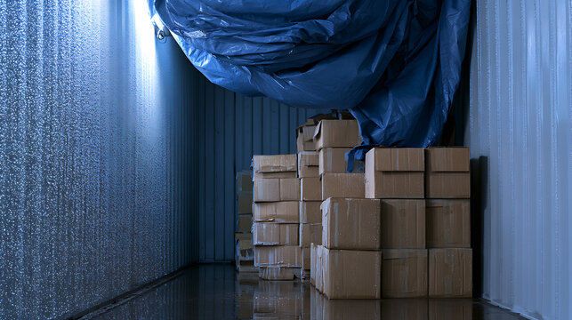 Industrial storage unit interior with stacks of cardboard shipping boxes under a blue tarp cover in a dimly lit warehouse environment