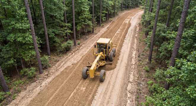 An aerial high angle view captures a yellow motor grader machine actively smoothing and grading a curving unpaved dirt roadway cutting through green woodlands.