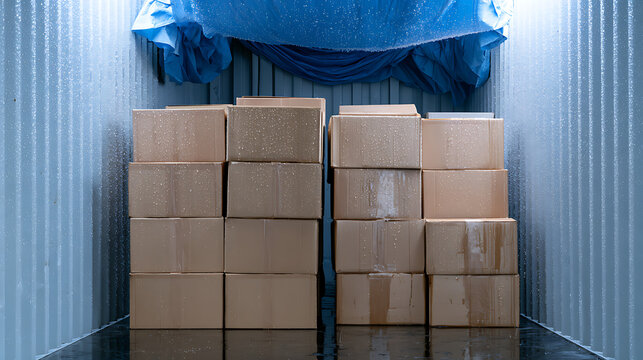 Stacked cardboard boxes inside a damp metal shipping container with condensation on walls and packages representing logistics cargo storage failure