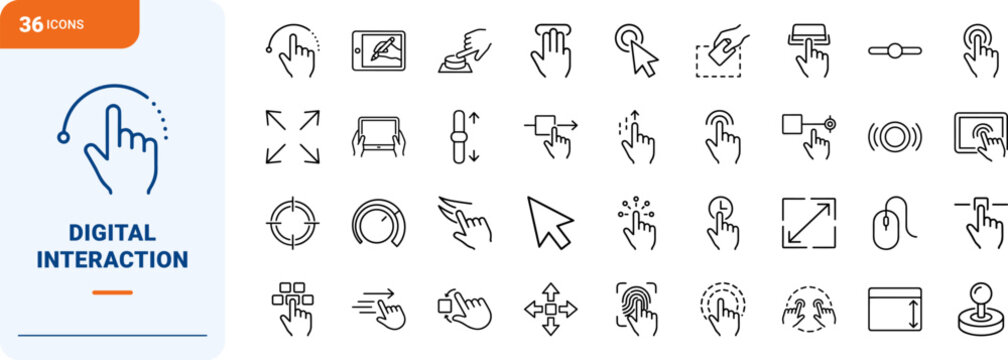 User interface technology line icon set. Vector pictograms of touch gestures, pointer cursors, screen controls, and navigation elements, thin linear illustration.