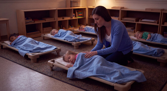 A gentle kindergarten educator watches quietly over cute toddlers sleeping peacefully on cozy floor cots during afternoon nap time