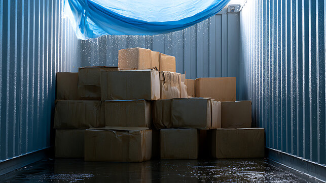 Damaged cargo inside a leaky shipping container with wet cardboard boxes ruined by water leak and poor storage conditions in a facility