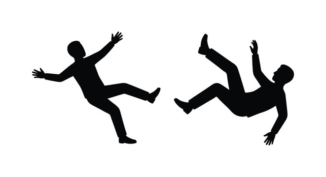 Two black silhouettes depict a person falling with arms outstretched and legs flailing silhouette human