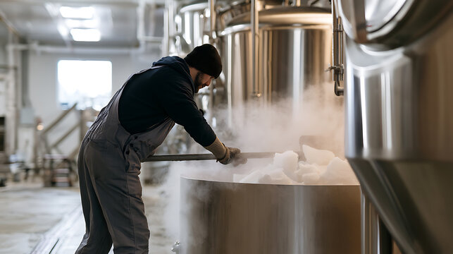 Professional brewer in workwear operating large metal fermentation tanks and mixing ingredients inside modern craft beer production facility