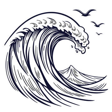 Large ocean wave crashing with seagulls in vintage engraving style sea wave nautical art