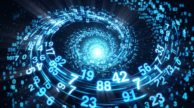 Swirling digital vortex of glowing blue numbers on a dark background, representing data, technology, and the future, perfect for science or finance concepts