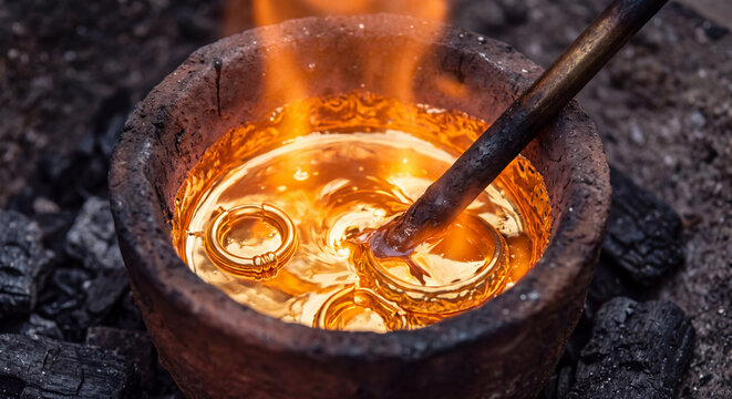 Close up top view of molten gold metal and jewelry glowing inside a hot clay furnace crucible with fiery flames and smoke
