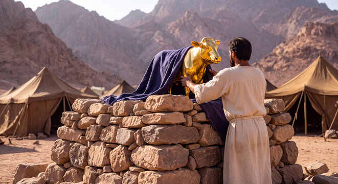 Biblical priest in robe presenting the crafted golden calf idol raised high before desert tents and an assembled multitude of followers