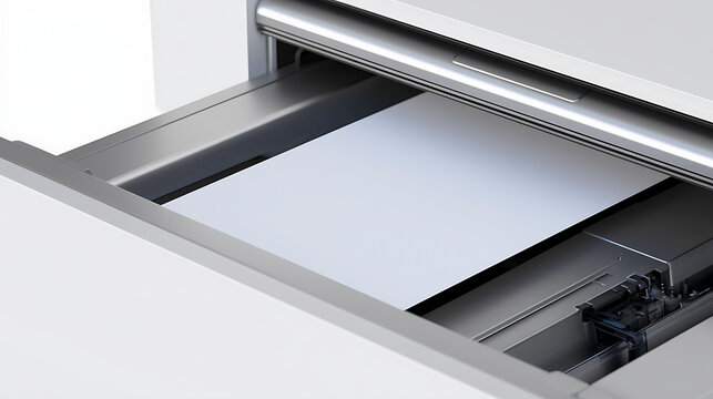Close-up view of white paper sheet load into modern office printer tray, clean professional document output mechanism commercial mockup space