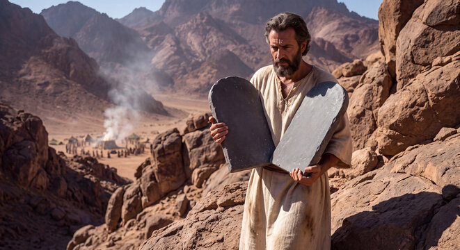 Biblical prophet Moses in robe standing atop a rocky mountain holding the two stone tablets of the Ten Commandments under sunlight
