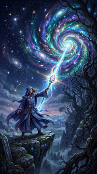 Wizard casting spell on cosmic nebula from rocky cliff, representing magic, power, and cosmic wonder, ideal for fantasy themes