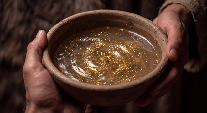 Male hands holding an ancient ceramic bowl filled with pure golden olive oil used for sacred temple anointing and lighting ceremonies in ancient times