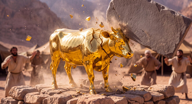 Dramatic biblical scene of Moses smashing the stone tablets from a cliff upon witnessing people dancing and worshipping the golden calf