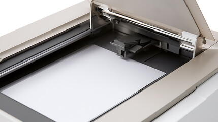 Fototapeta na wymiar Open office document scanner machine with blank white paper sheet ready to copy or digitize paperwork for business administration work
