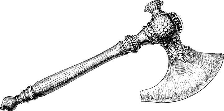 Antique engraved battle axe with long decorated handle isolated on white background for historical design and background use