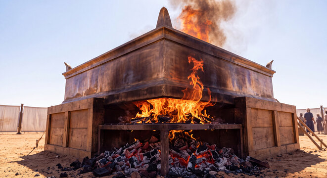 Square bronze altar of sacrifice with glowing firewood and rising flames situated in an open sandy desert sanctuary courtyard under clear sky