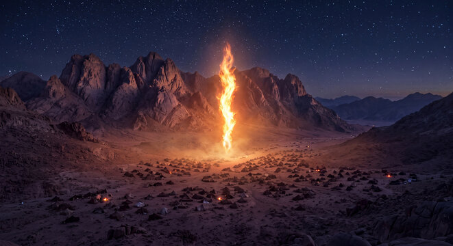 A brilliant vertical column of fire blazes against the twilight sky illuminating the rugged desert mountain terrain and distant encampments.