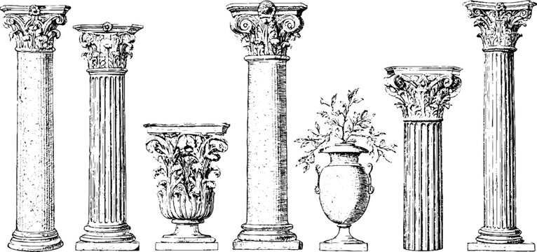 Set of engraved classical columns and ornamental urns isolated on white background for architectural reference and decorative design