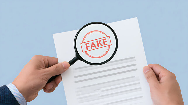 Magnifier glass reveal fake document stamp contract check fraud verification paper audit security crime scam illegal check false legal check