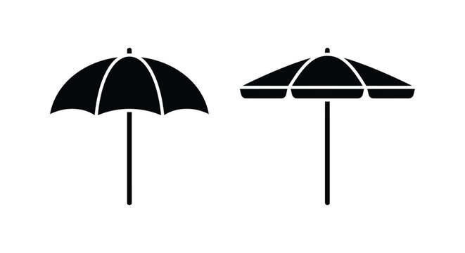 Two black beach umbrella silhouettes are displayed against a white background parasol sunshade shade outdoor