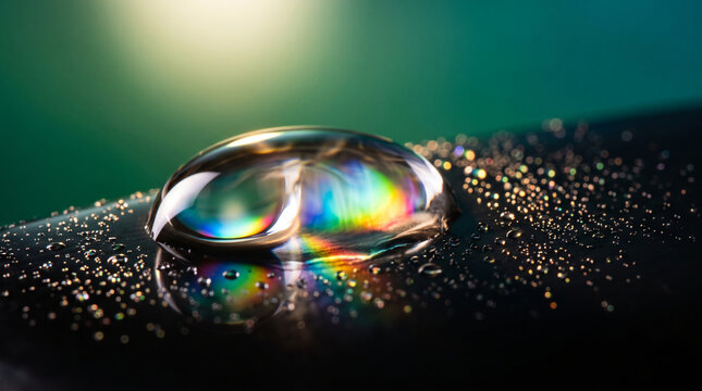 Macro view of a water droplet refracting rainbow colors on a dark surface with smaller droplets, symbolizing purity, clarity, and the beauty of nature's optics