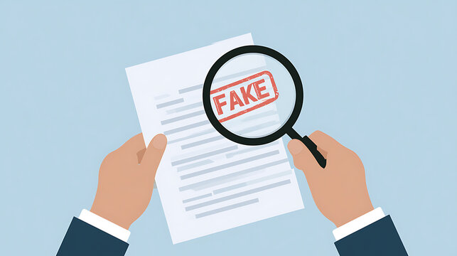Illustration of hands holding document with fake stamp and magnifying glass, vector graphic concept of fraud detection, scam, and crime