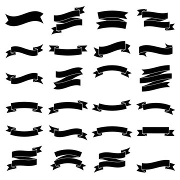 Collection of black ribbon banners and decorative swirls on a white background