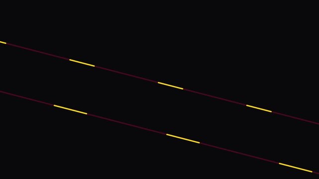 Minimalist abstract motion animation 4k background, with parallel moving, yellow dashed lines, on dark backdrop