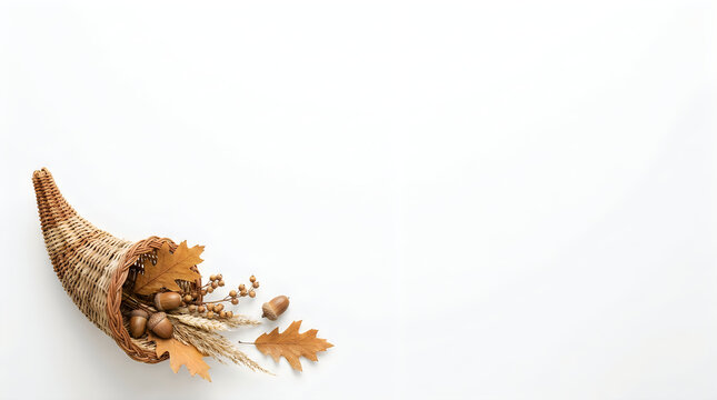 Traditional wicker cornucopia filled with autumn harvest vegetables and fall leaves on a white background