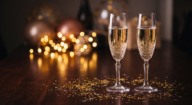 Pair of crystal glasses filled with sparkling champagne standing on a reflective table surface surrounded by warm festive fairy lights and bokeh