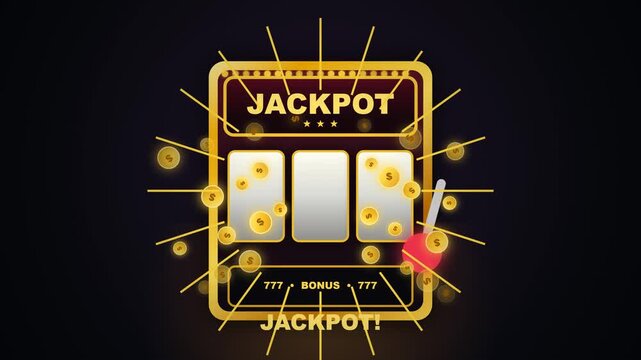 Slot machine showing a jackpot symbol surrounded by floating gold coins and a bright glowing lever creates an exciting atmosphere for gambling advertisements, online casino promotions and gaming.
