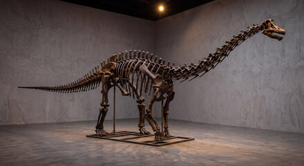Fototapeta premium A prehistoric dinosaur skeleton fossil mounted in an active walking pose is spotlighted in a spacious paleontology exhibition hall of a natural history museum