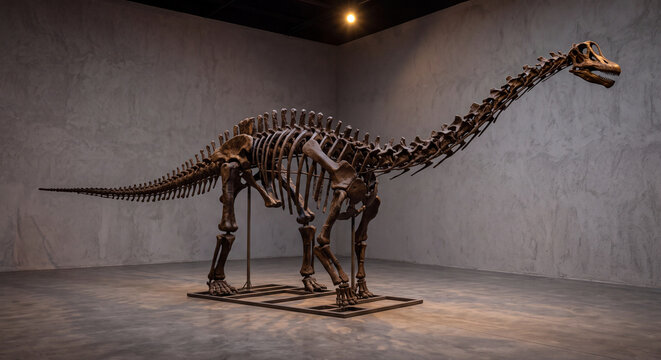 A prehistoric dinosaur skeleton fossil mounted in an active walking pose is spotlighted in a spacious paleontology exhibition hall of a natural history museum