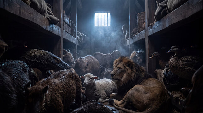 Atmospheric interior shot of wild and domestic animals including lions and sheep sheltered closely inside the dimly lit timber stalls of the ark