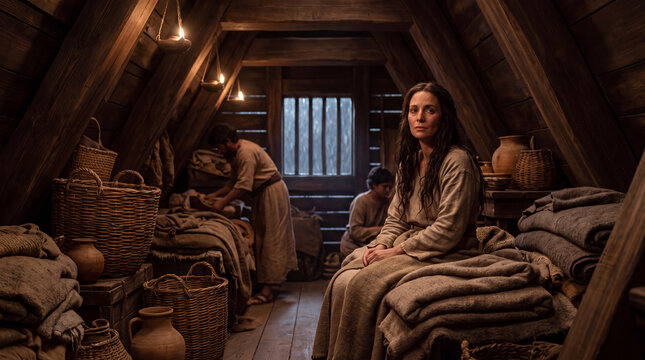 Interior view of a woman seated quietly among woven textiles and blankets inside the massive timber structure of Noah ark during the storm
