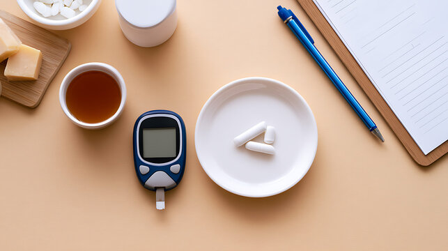 Diabetes control equipment with glucose meter, test strip, medication pills, cup of tea, and medical clipboard on a neutral surface background