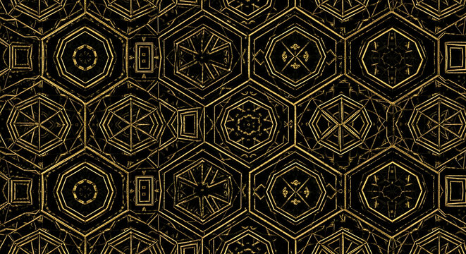 Intricate golden hexagonal pattern with ornate clockwork and geometric designs on black