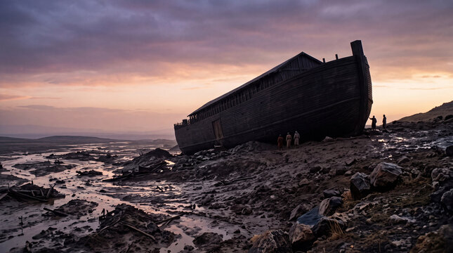 Panoramic view of the massive wooden ark resting on rugged stony mountain terrain at twilight after the biblical flood waters receded